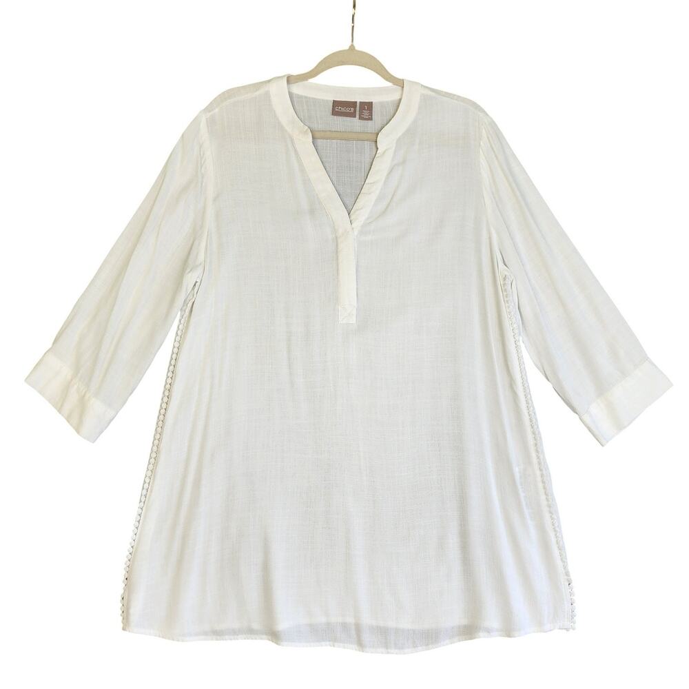 Chicos Womens Tunic Size Medium White‎ Pom Pom Trim Lightweight Airy Lagenlook